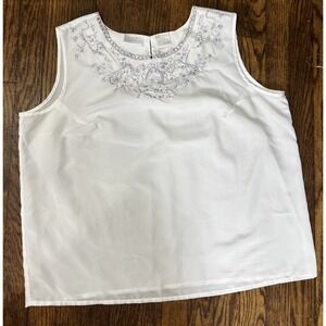🌸Womens Sleeveless White Top Size XL Embroidered Beaded Elegant Regency Preppy